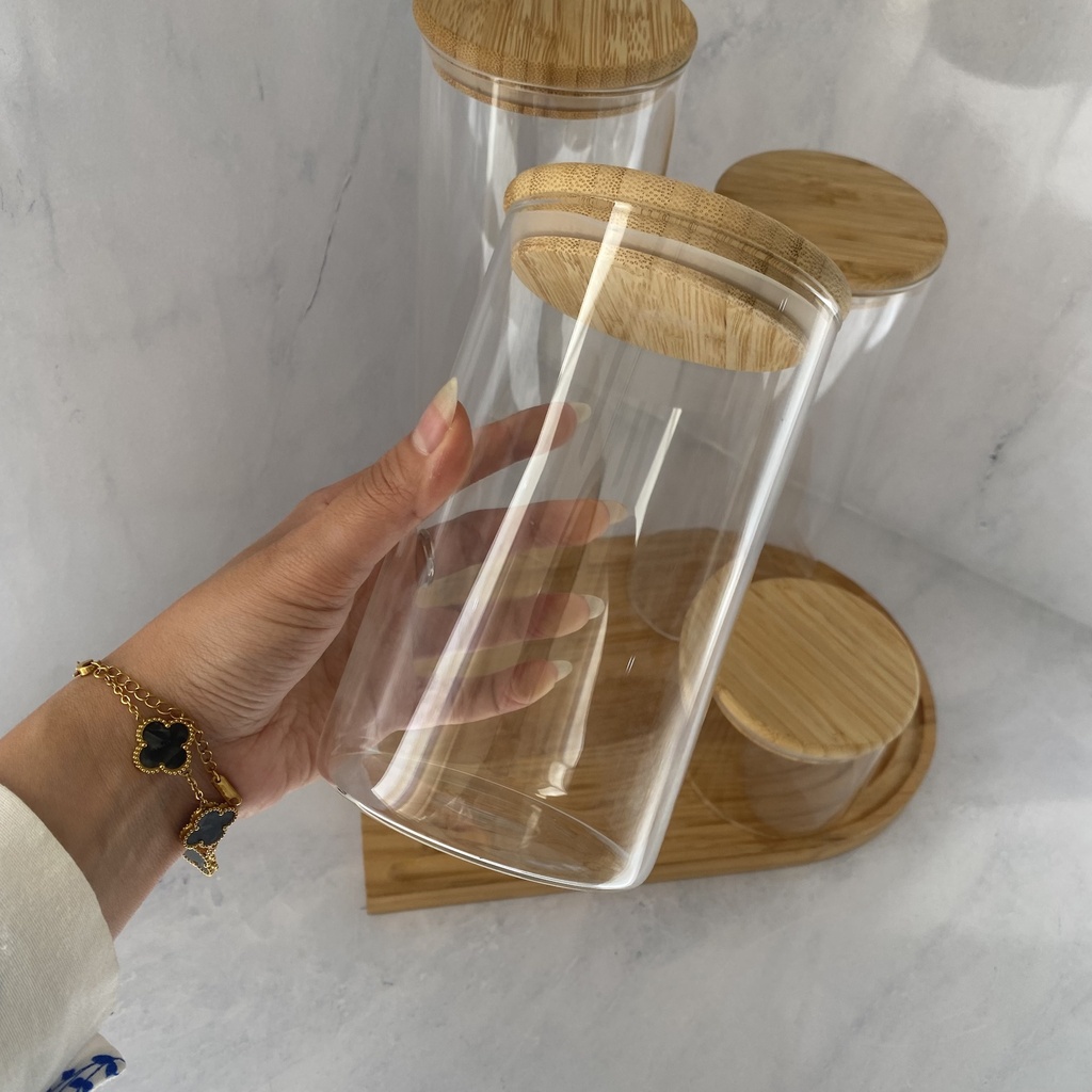 Bocal en verre rond 1L avec couvercle en bambou