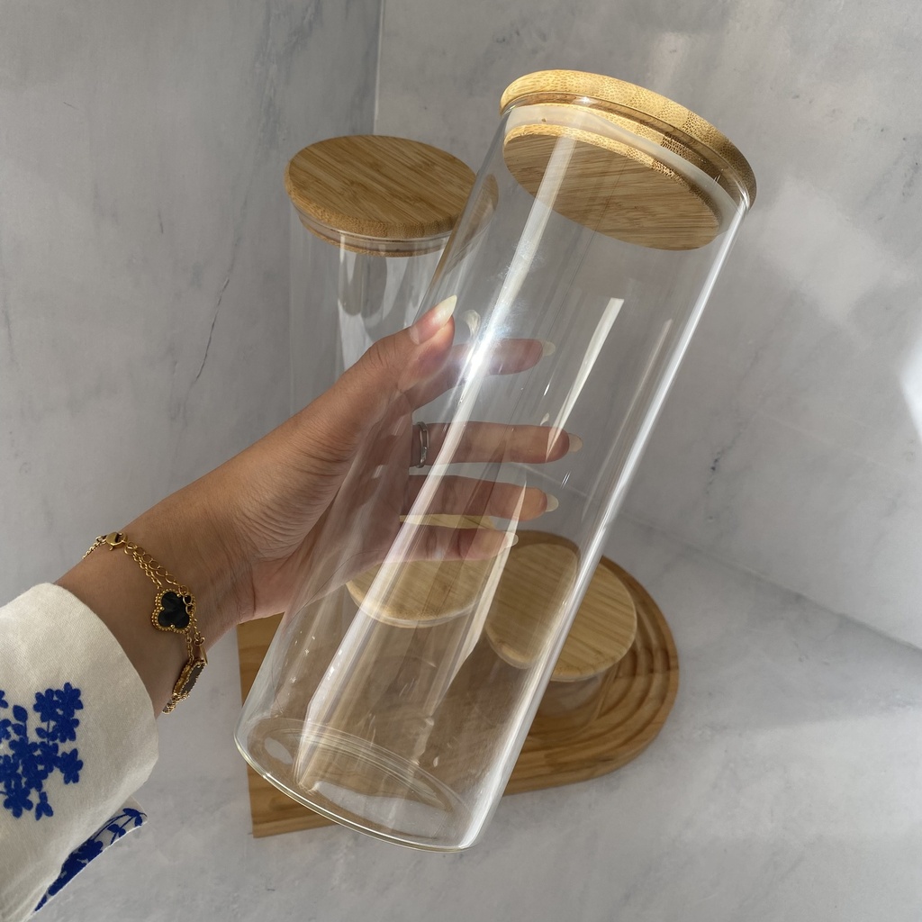 Bocal en verre rond 1.5L avec couvercle en bambou