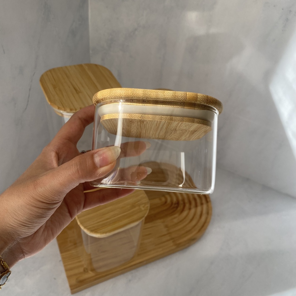 Bocal En Verre Carre Avec Couvercle En Bambou 500 Ml