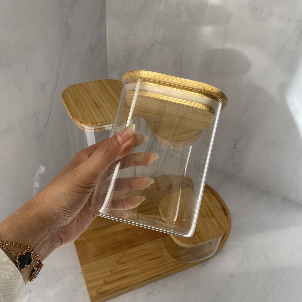 Bocal en verre carre 1L avec couvercle en bambou
