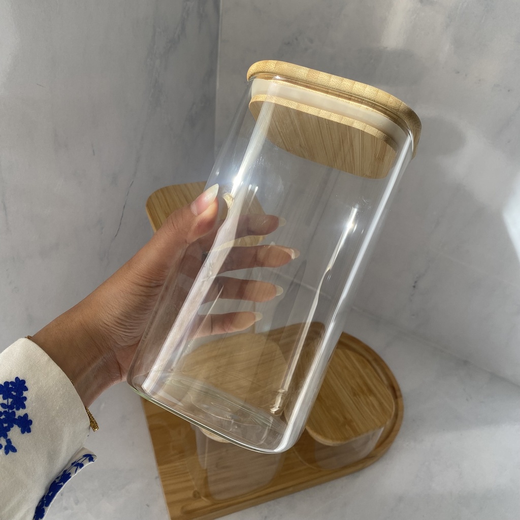 Bocal En Verre Carre 1.5L Avec Couvercle En Bambou
