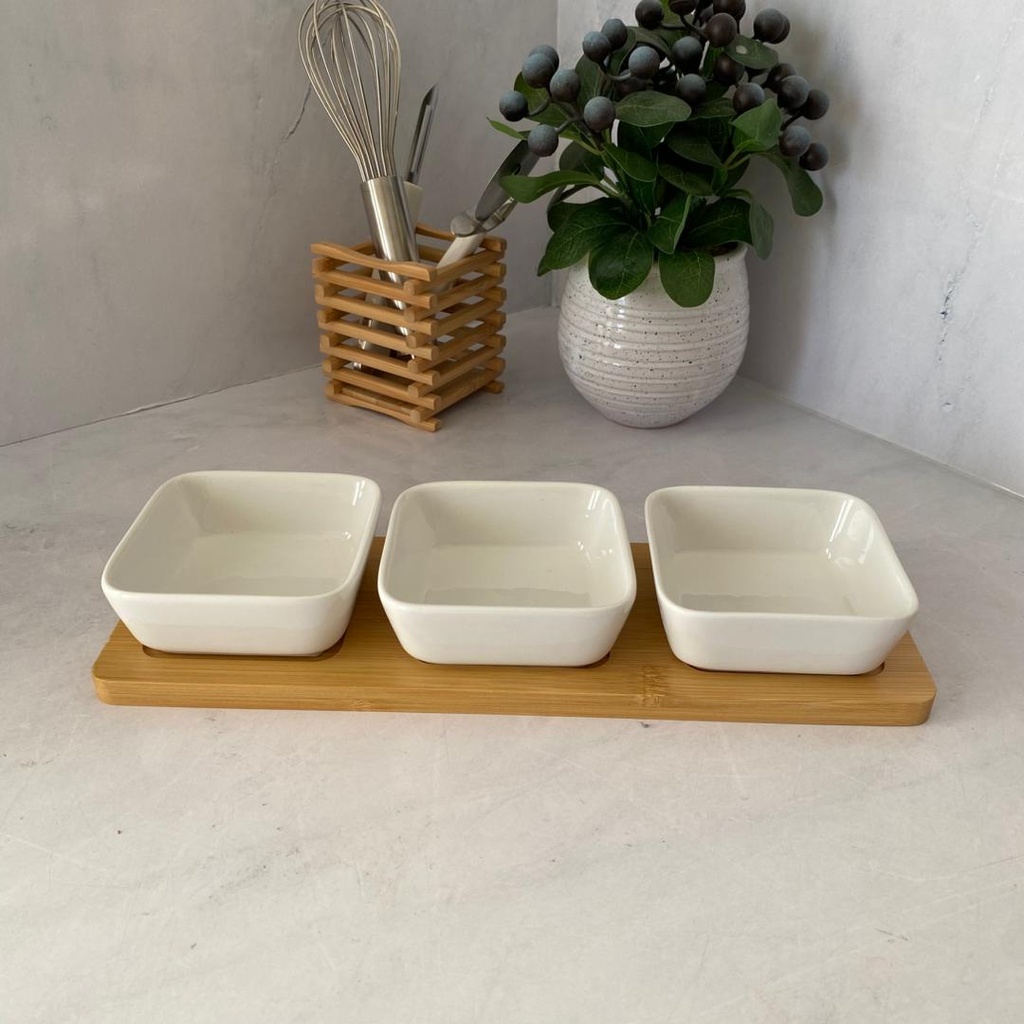 Set De 3 Coupelles Avec Plat En Bambou