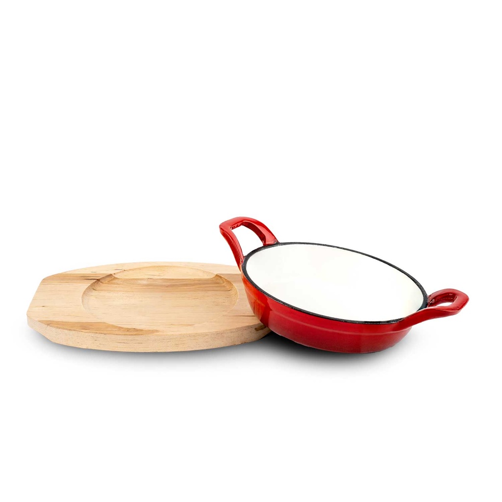 POELE EN FONTE ROUGE AVEC SUPPORT EN BOIS