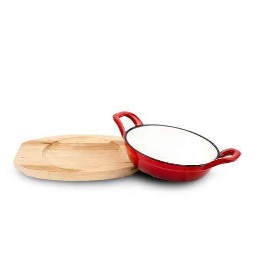[EC2148C-R] POELE EN FONTE ROUGE AVEC SUPPORT EN BOIS