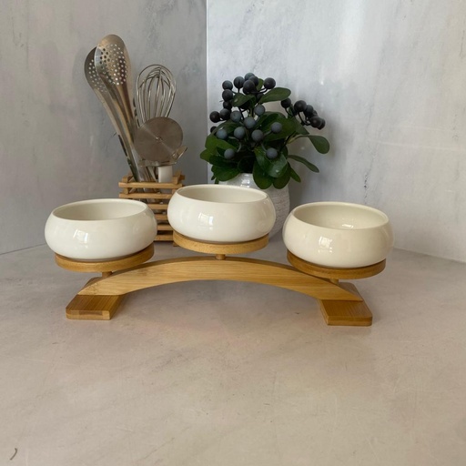 [0804-30] Ensemble Coupelles Ceramique Support En Bois 3Pcs